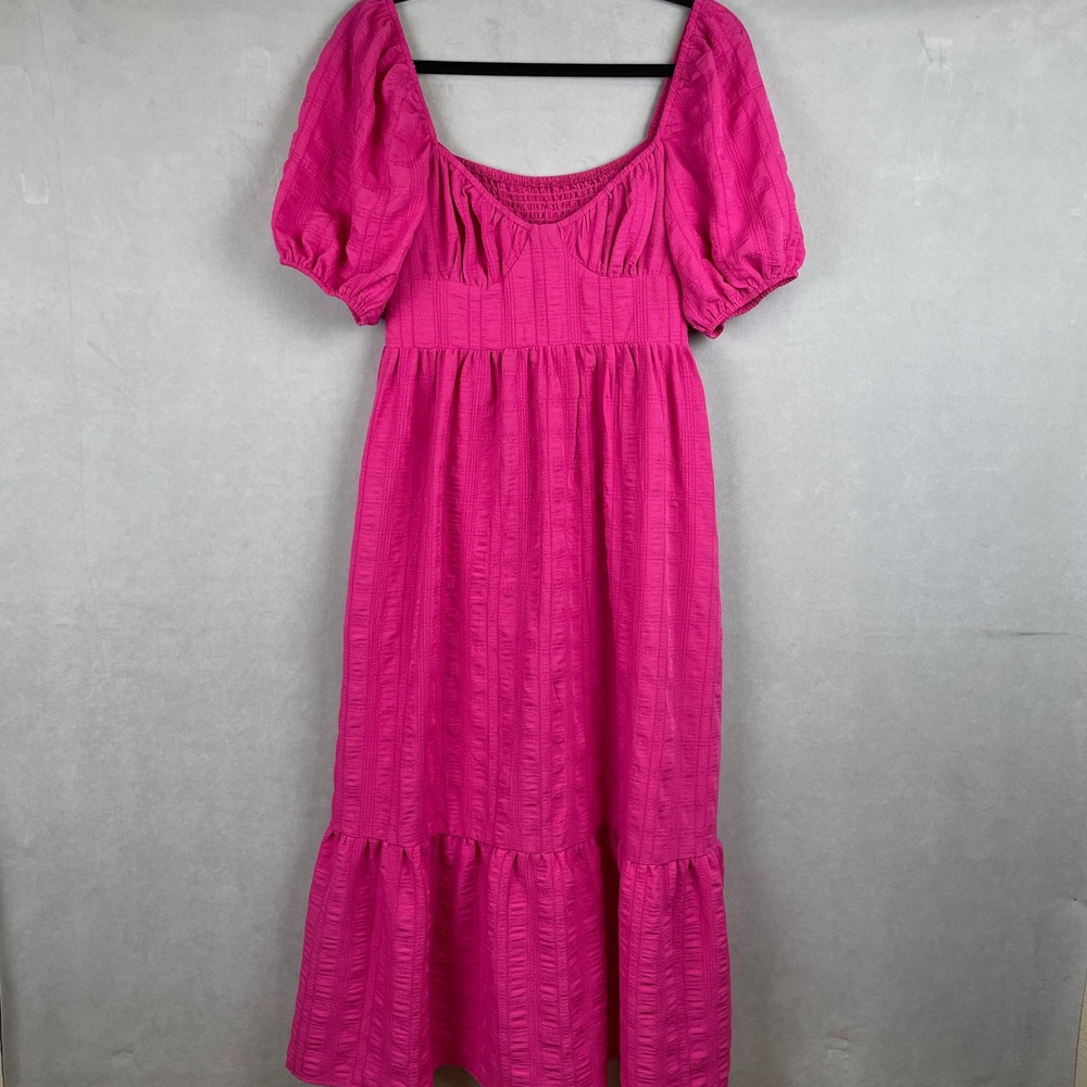 Premier Amour Puff Sleeve Tiered Midi Dress Sz 10 Sweetheart Neck Pink Romantic